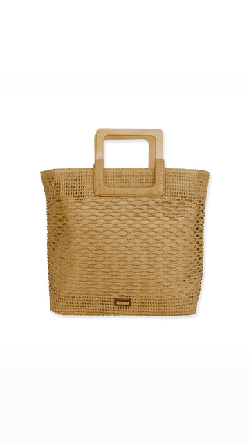 Raffia Mesh Tote Bag W/ Wooden Handle