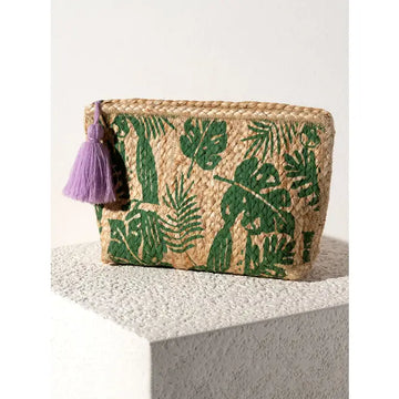 Raffia Palm Tree Print Clutch W/ Purp Tassle