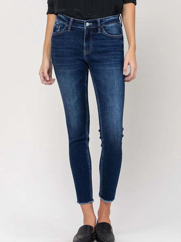 Mid Rise Stretch Straight Leg Raw Hem Jean