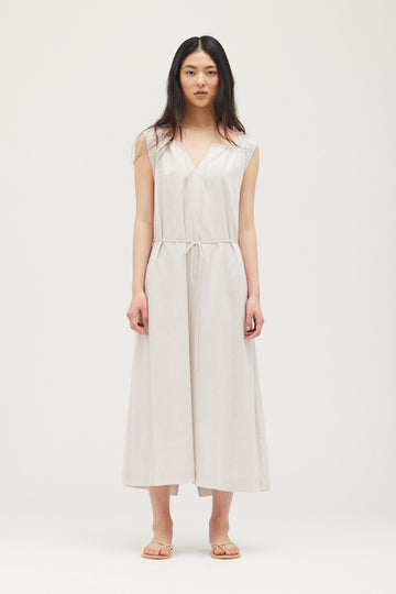 Miniature Stripe Drawstring Cotton Maxi Dress