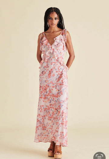 Pink Floral Ruffle Maxi Dress