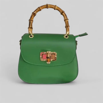 Kelly Green Leather Handbag With Bamboo Handle