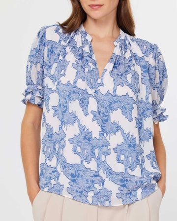 Blue and White Floral Short Sleeve Top