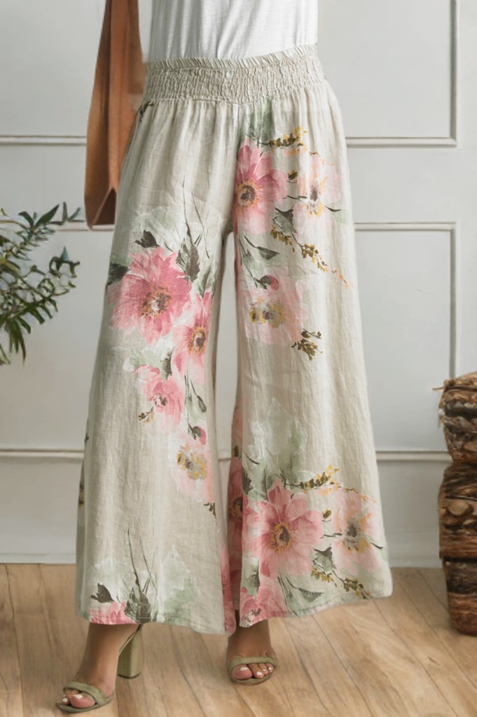 Natural Linen Floral Wide Leg Pant