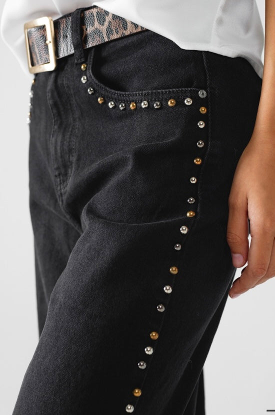 Studded Wide Leg Black Denim