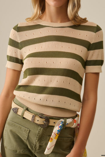 Olive Stripe Pointelle S/S Top