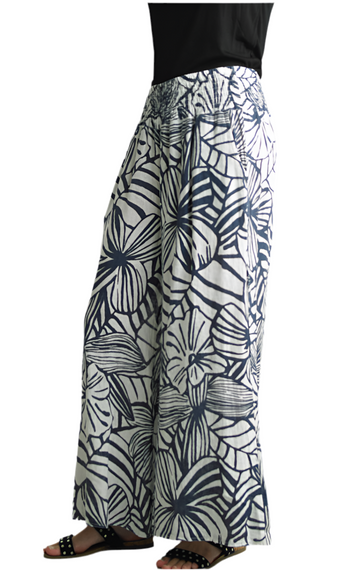 Navy Floral Italian Linen Wide Leg Pant