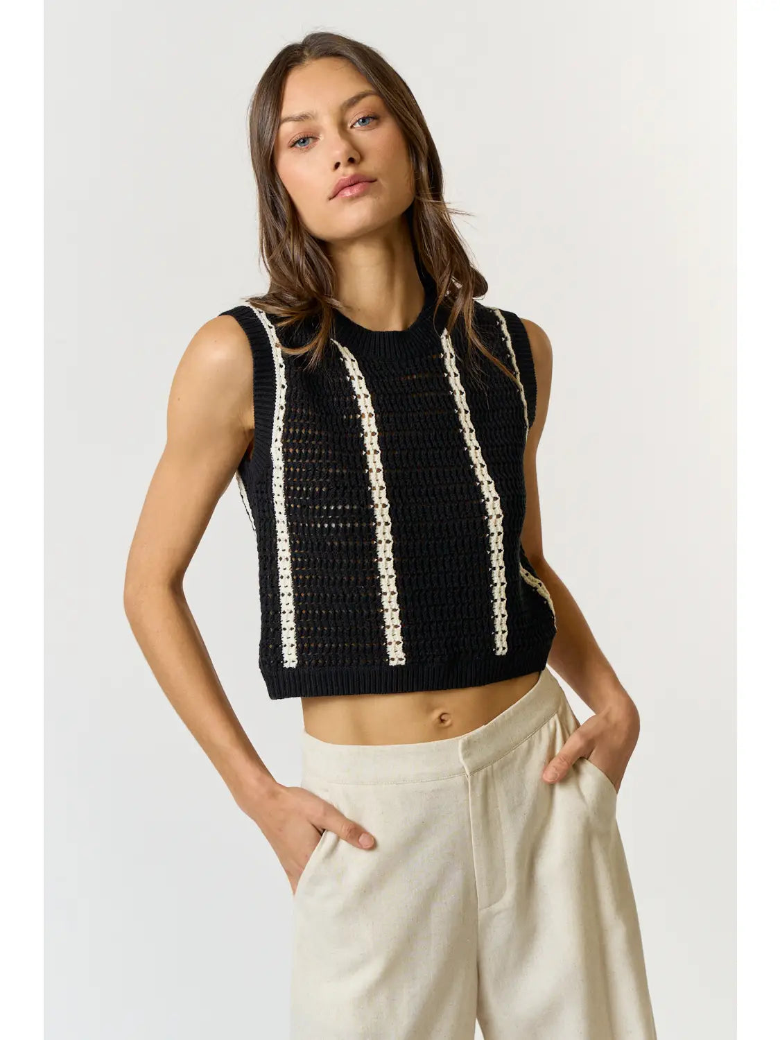 Black & White Sleeveless Ribbed Knit Top