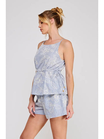 Blue Embroidered Stripe Tank