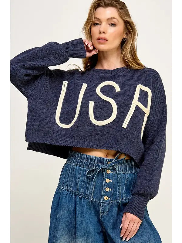 Cotton Embroidered USA Sweater