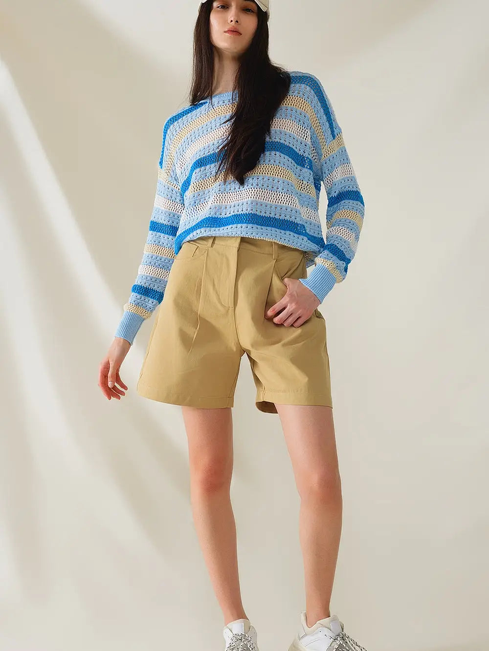 Blue Striped Crochet Knit Top