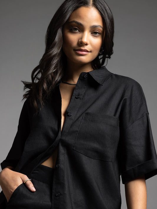 Black Linen Shirt Jacket