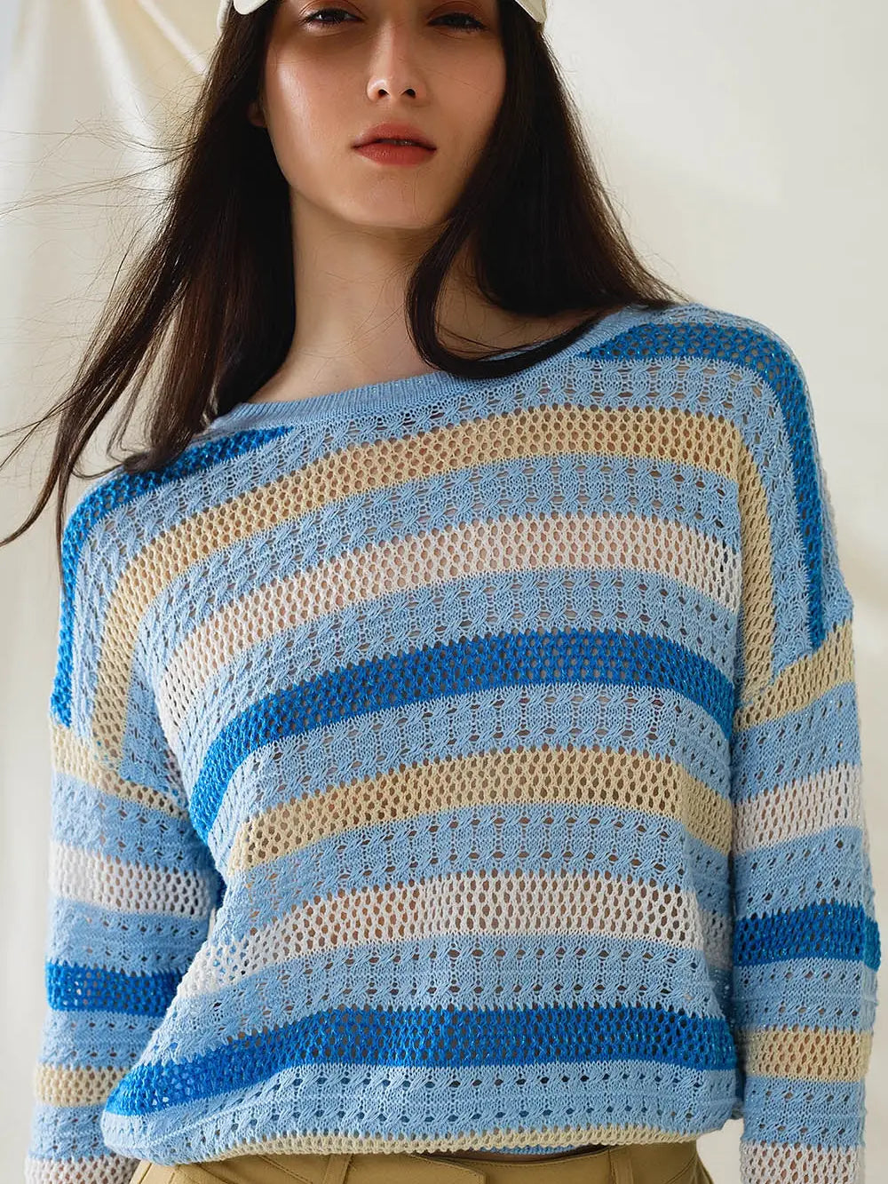 Blue Striped Crochet Knit Top