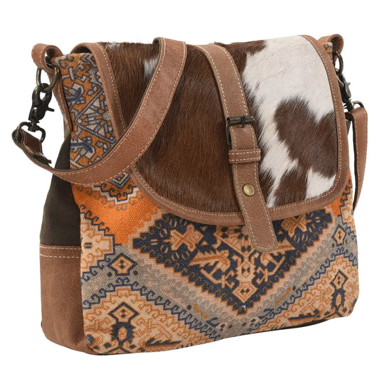 Brown White Printed Canvas Messenger Bag