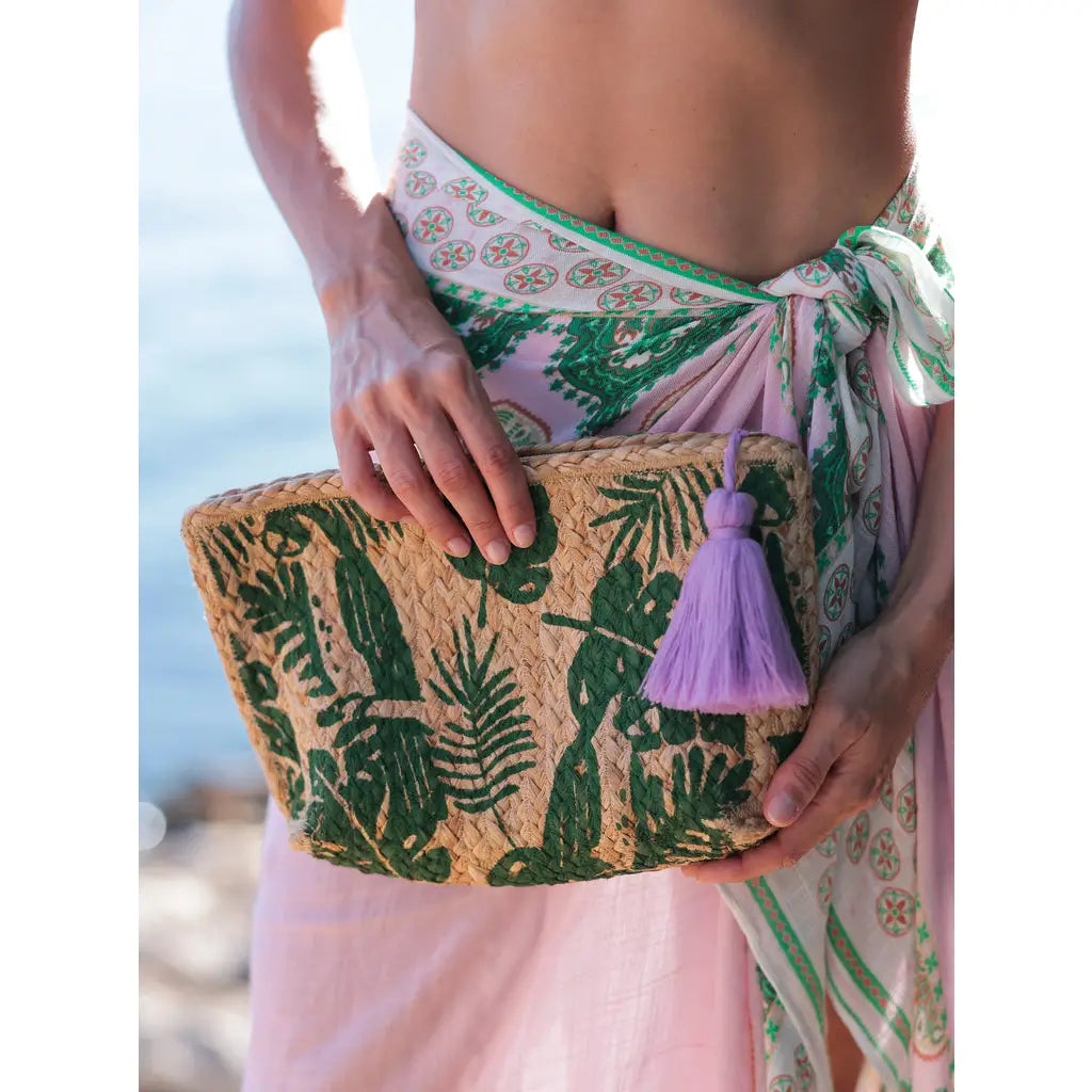 Raffia Palm Tree Print Clutch W/ Purp Tassle