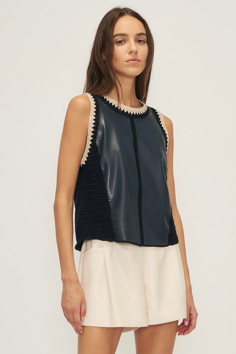 Crochet/Ribbed Cotton Faux Leather Sleeveless Top