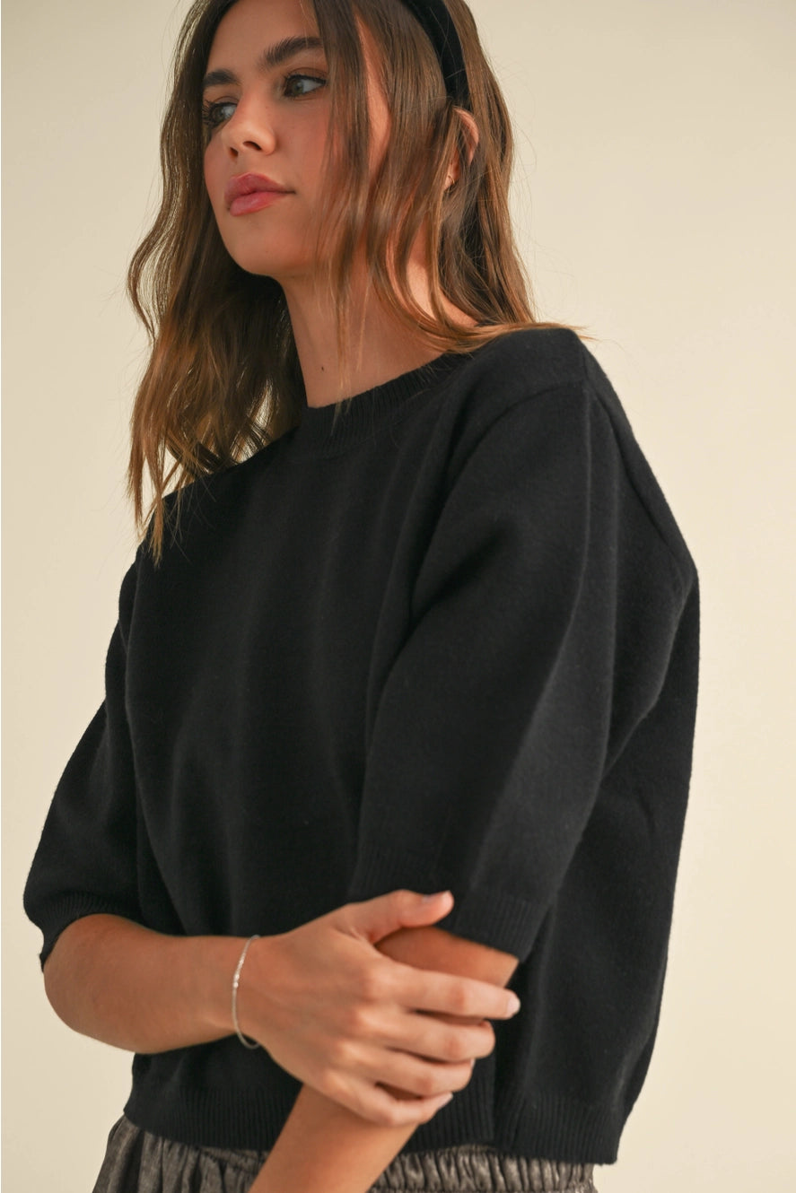 Black Knit Short Sleeve Sweater