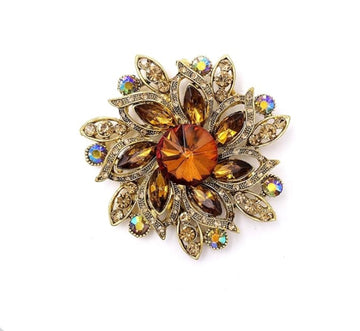 Amber Floral Rhinestone Brooch