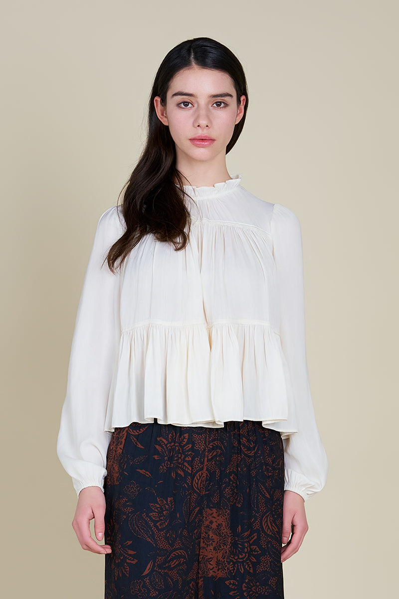 High Collar Satin Ruffle Blouse