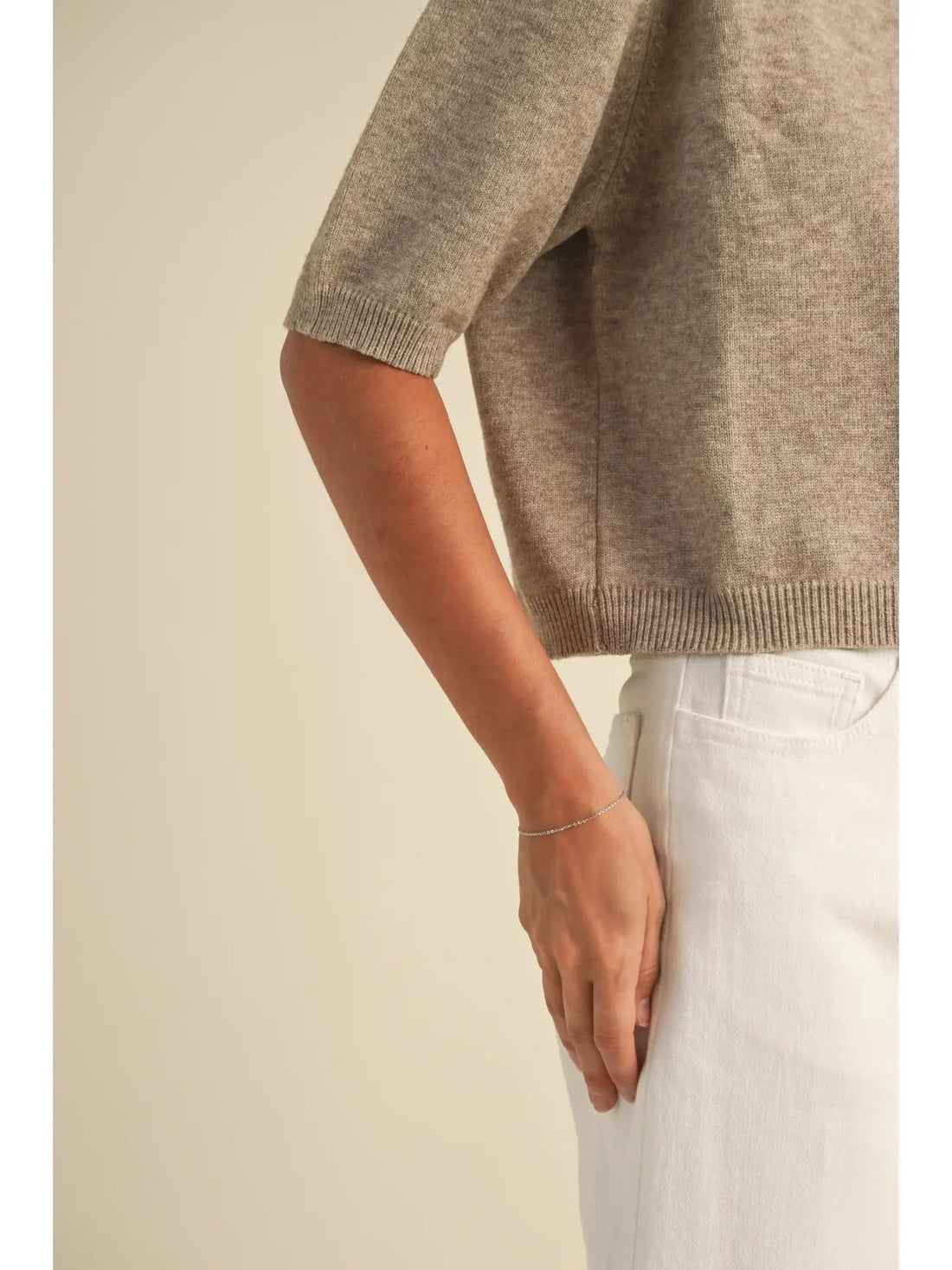 Heathered Light Brown Knit Short Sleeve Sweater