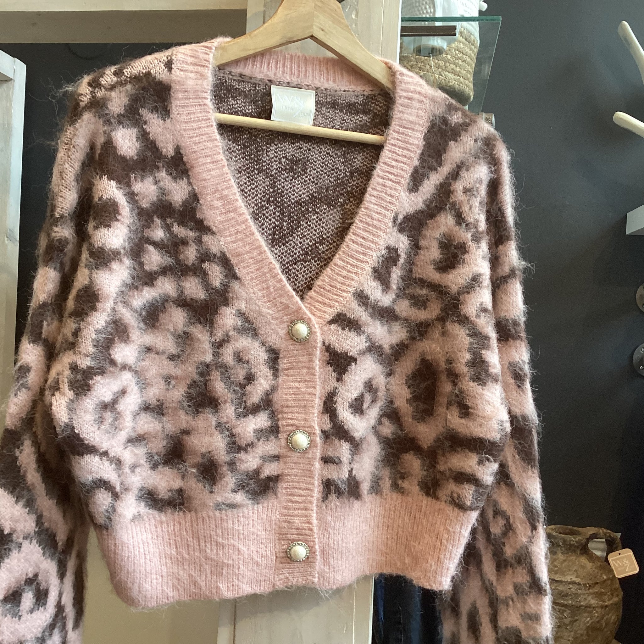 Pink Leopard Knit Cardigan With Pearlized Buttons