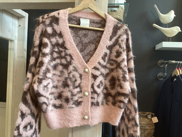 Pink Leopard Knit Cardigan With Pearlized Buttons