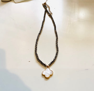 Gun Metal Glass Bead & Mother of Pearl Clover Necklace