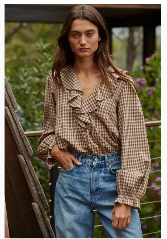 Cotton Brown Ruffle Gingham Top
