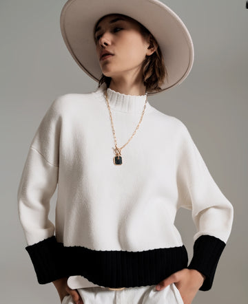 White With Black Ribbed Cuff & Hem Sweater