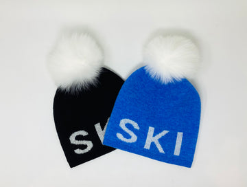 Merino SKI Beanie  W/White Fox Pom
