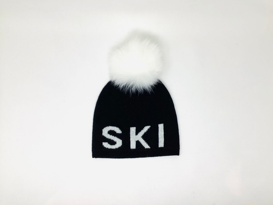 Merino SKI Beanie  W/White Fox Pom
