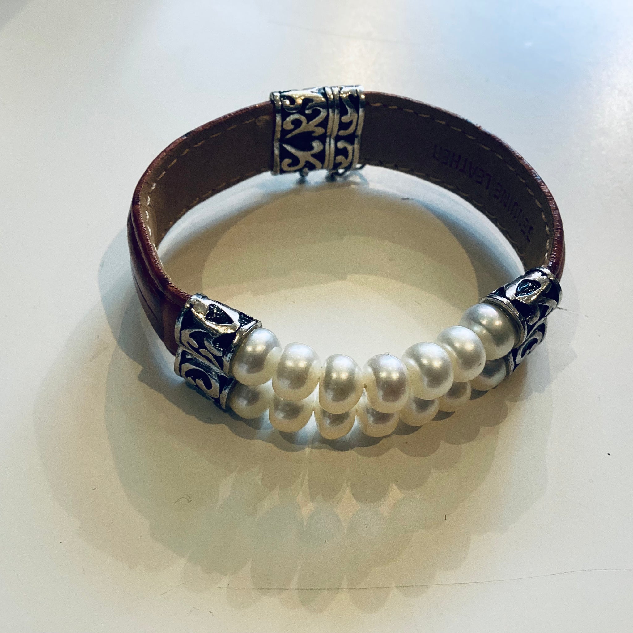 Pearl Leather Sterling Silver Bracelet