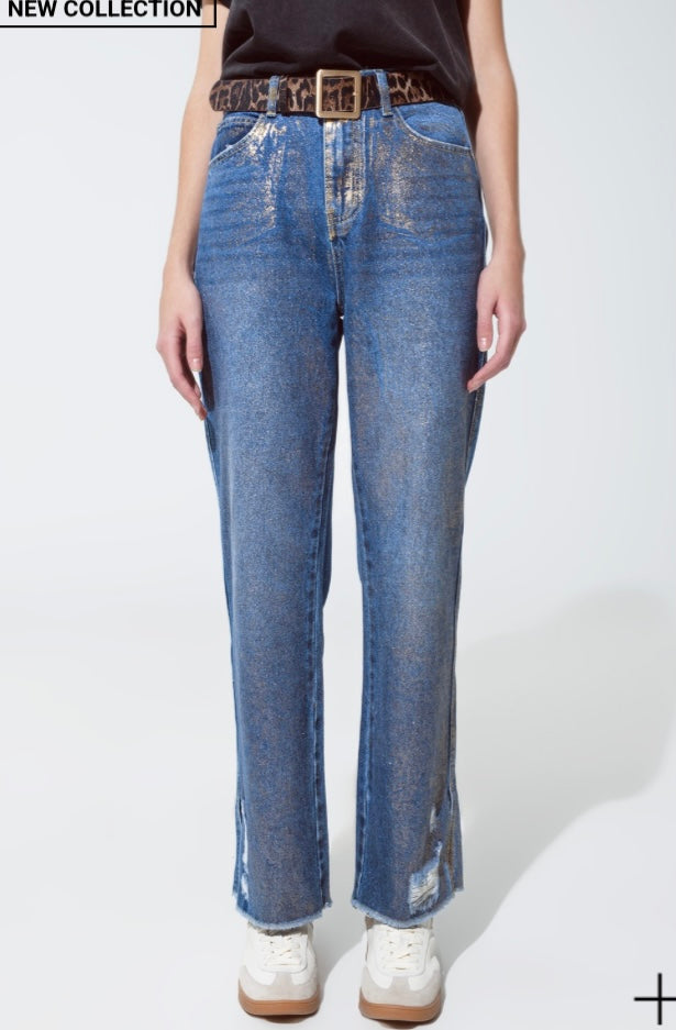 Straight Leg Ripped Jeans with Gold Metallic