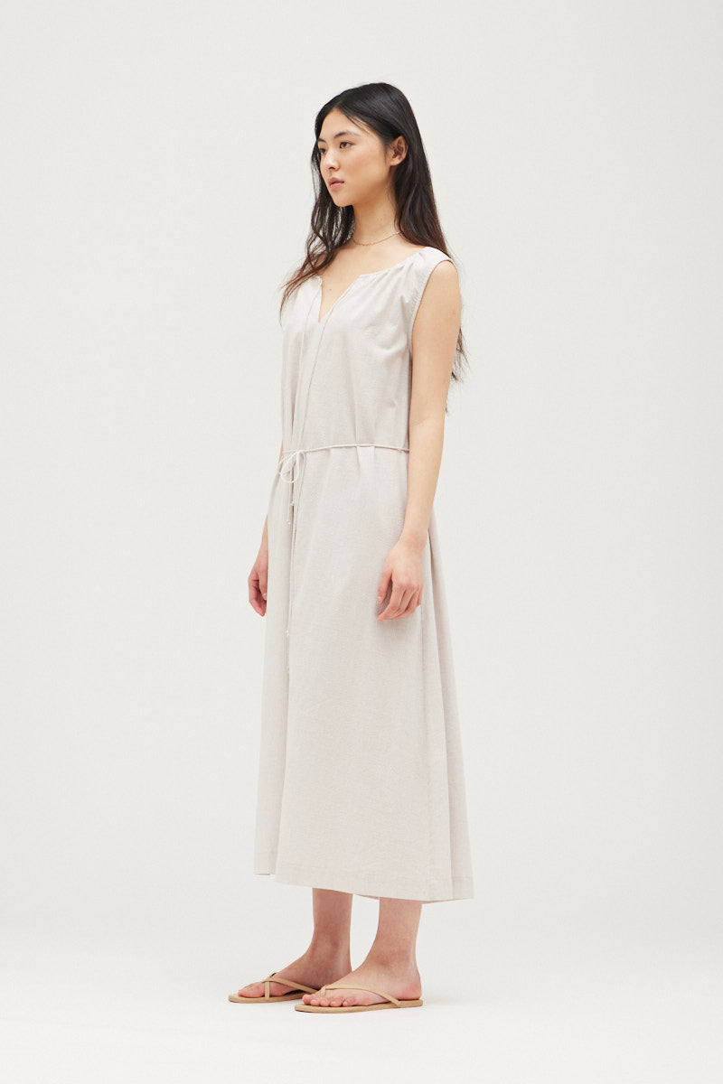 Miniature Stripe Drawstring Cotton Maxi Dress