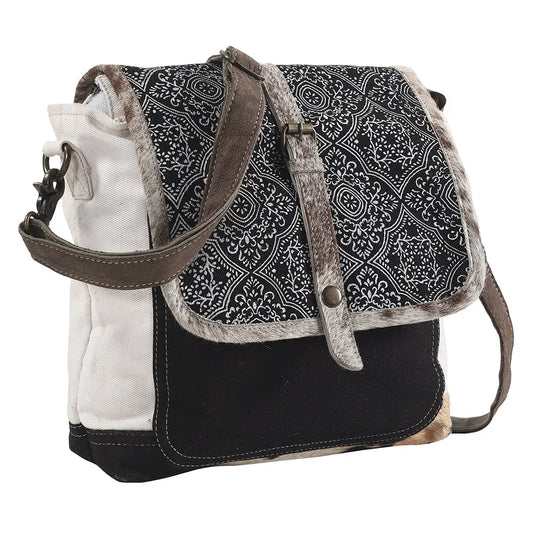 Black /White Printed Canvas / Pony Skin Messenger Bag