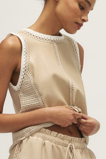 Crochet/Ribbed Cotton Faux Leather Sleeveless Top
