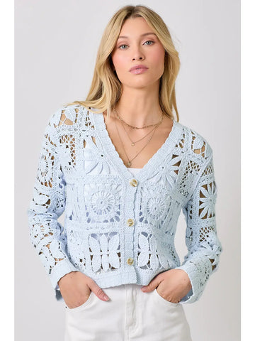Powder Blue Cotton Crochet Cardigan