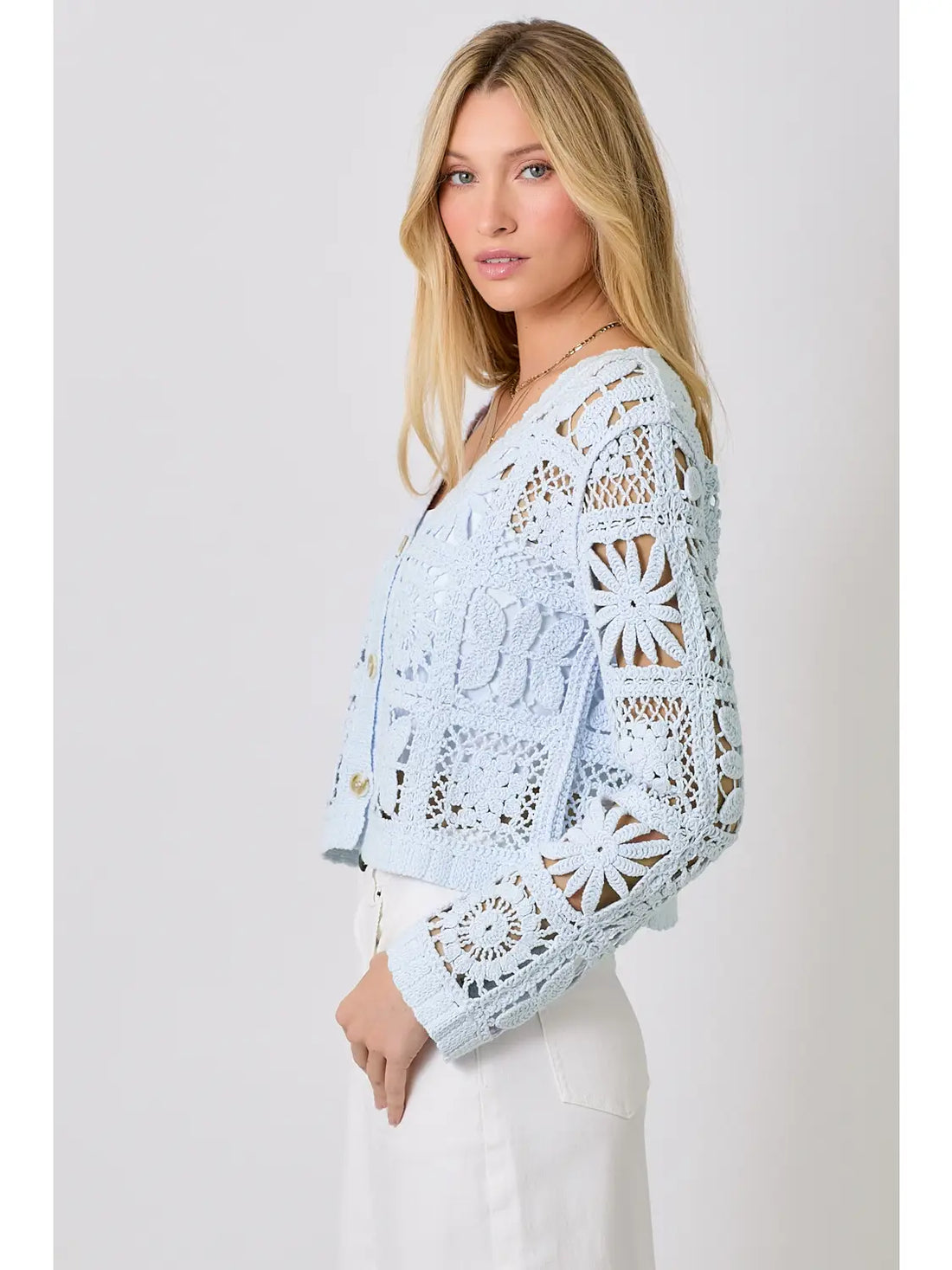 Powder Blue Cotton Crochet Cardigan