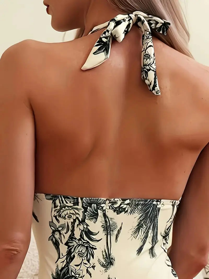 Palm Print Halter Bathing Suit