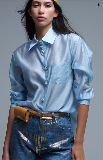 Blue Shimmer Shirt with Ornate Buttons