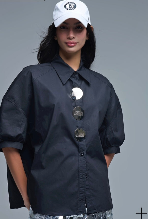 Black Polished Poplin Shirt W/ Oversized Silver Buttons