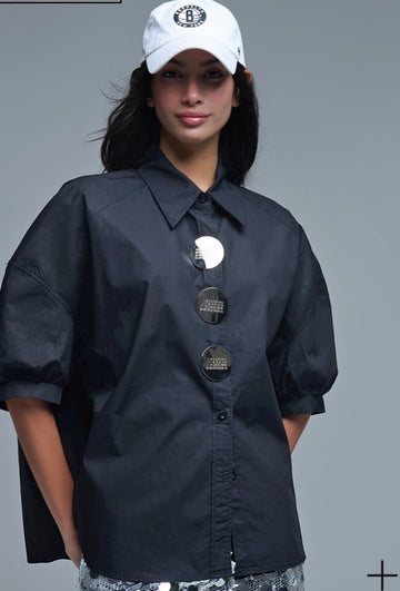 Black Polished Poplin Shirt W/ Oversized Silver Buttons