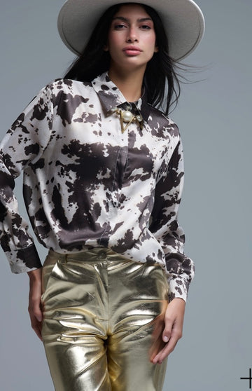 Satin Brown/Cream Cow Print Shirt