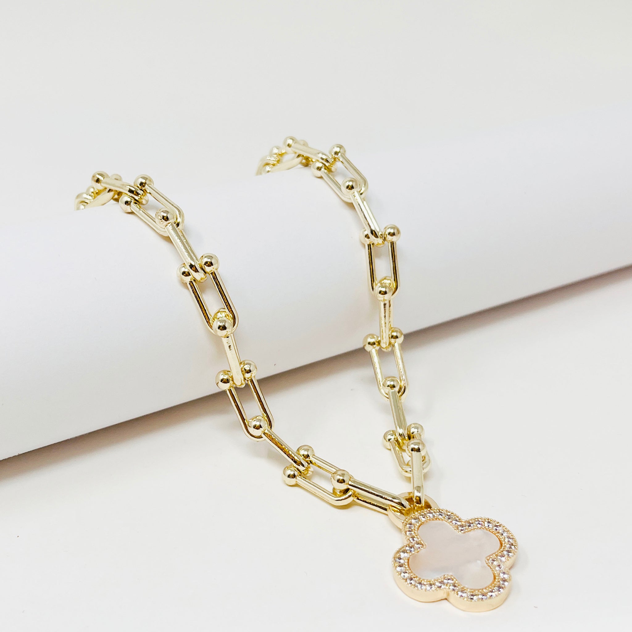Gold Plated Mother Of Pearl Clover Pendant Necklace