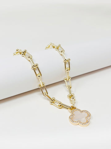 Gold Plated Mother Of Pearl Clover Pendant Necklace