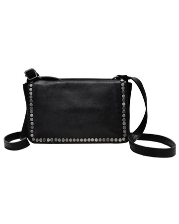 Black Leather Flap Crossbody Bag W/Silver Rivets