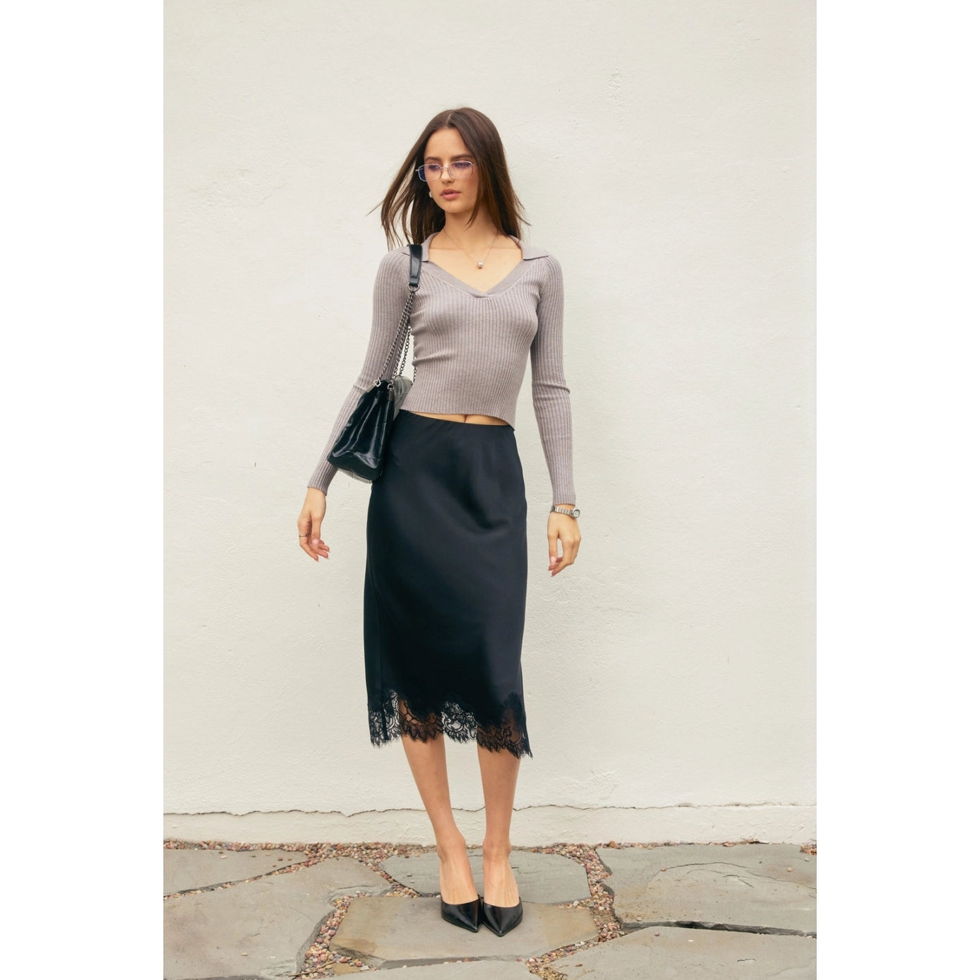 Satin Lace Hem Pencil SKirt