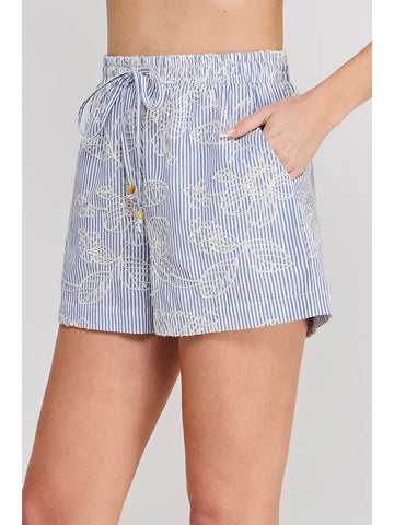 Blue Embroidered Shorts